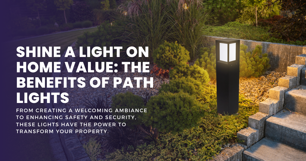 Path lights illuminating a landscaped garden walkway and stone steps at night, highlighting outdoor safety, ambiance, and home value.