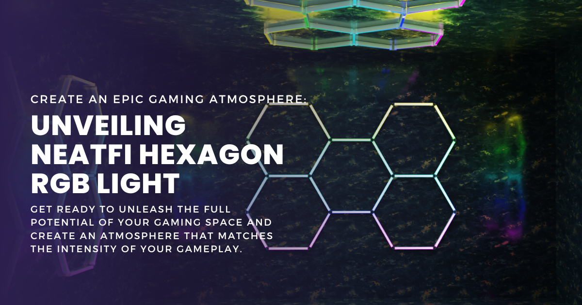 Neatfi RGB hexagon ceiling lights in a dark gaming room, creating a colorful futuristic ambiance for immersive gaming setups.