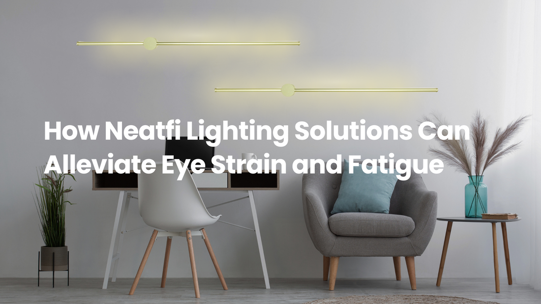 Minimalist home office with soft wall lighting, desk, monitor, and cozy seating, illustrating how proper lighting helps reduce eye strain and visual fatigue.