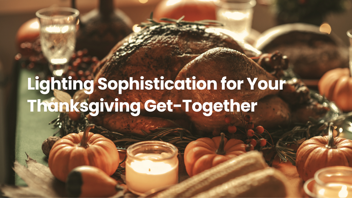 Thanksgiving table with roasted turkey, candles, pumpkins, and warm ambient lighting, creating an elegant and inviting holiday dinner setting.