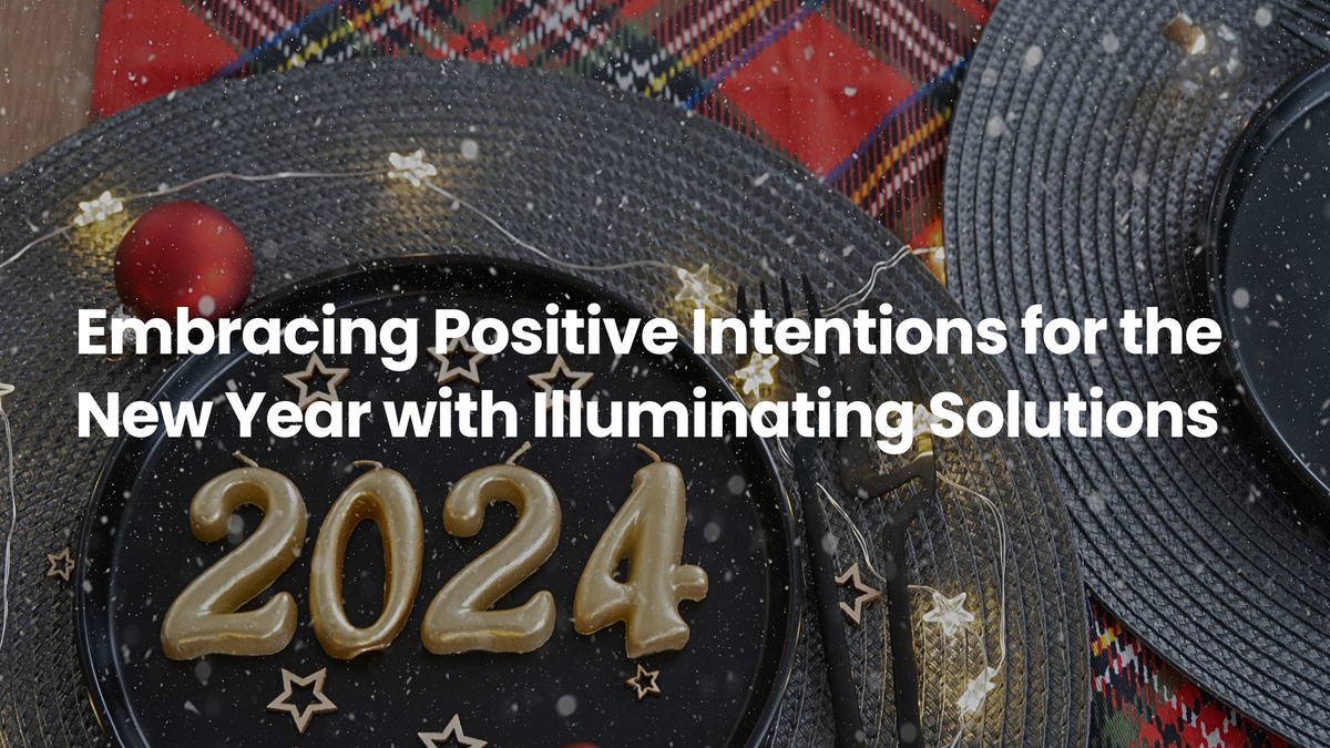 Festive New Year table setting with black plates, gold 2024 number candles, star string lights, and holiday decor, symbolizing bright intentions and illuminating solutions for the year ahead.