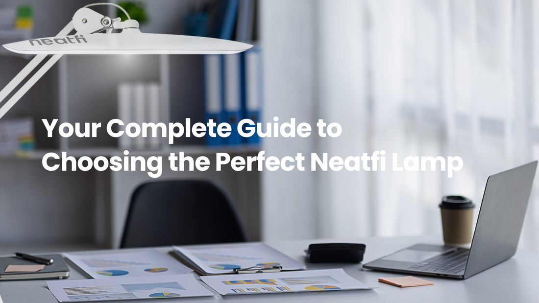 Neatfi desk lamp illuminating a modern office workspace with laptop, charts, and documents, representing a complete guide to choosing the perfect Neatfi lamp.