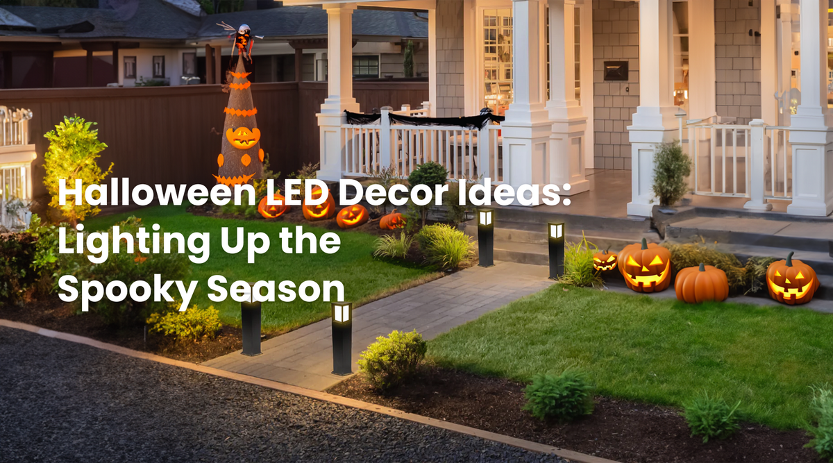 Front yard decorated for Halloween with glowing jack-o’-lanterns, pathway LED lights, and spooky porch accents, showcasing festive outdoor LED decor ideas for the season.