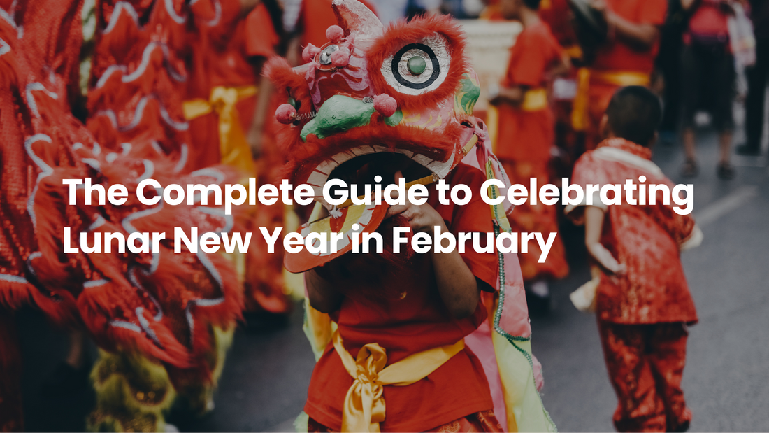 A man wearing a colorful lion dance costume during a Lunar New Year street celebration, representing a festive guide to celebrating Lunar New Year in February.