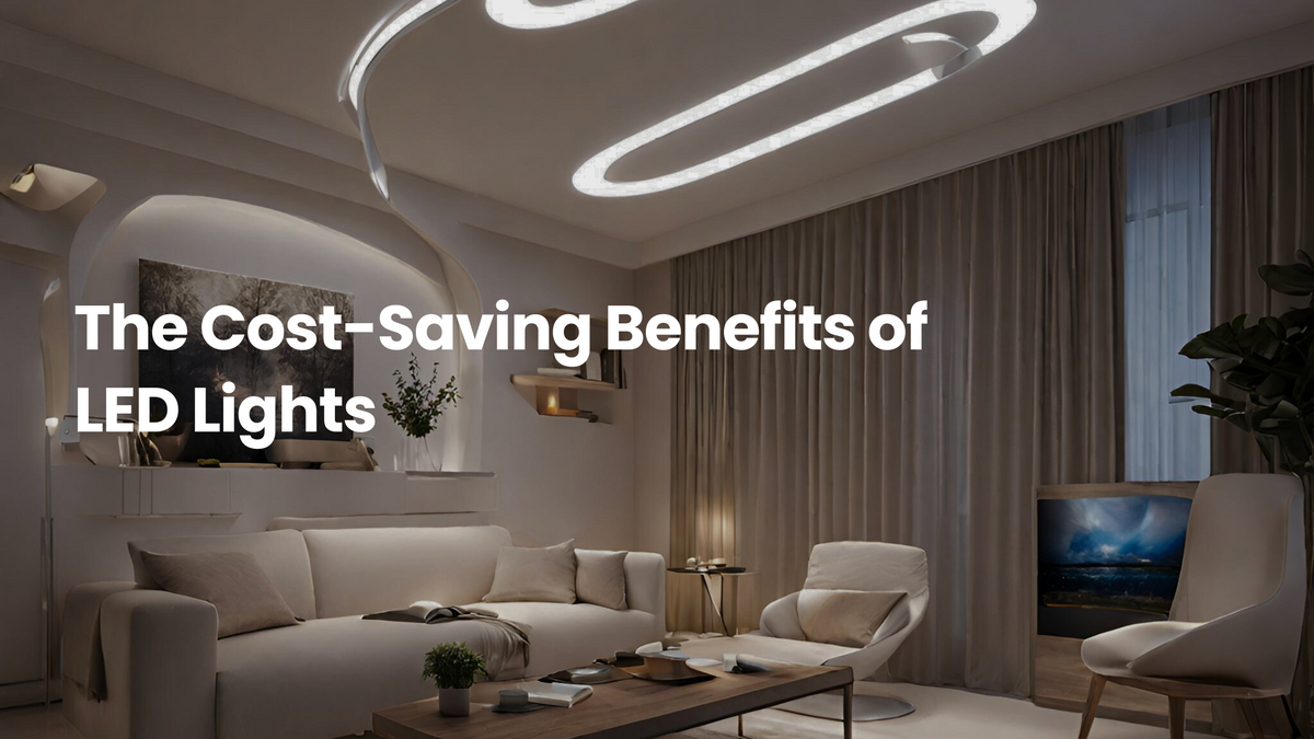 Modern living room with sleek curved LED ceiling lights, soft ambient lighting, and elegant furnishings, highlighting the cost-saving benefits of energy-efficient LED lights.