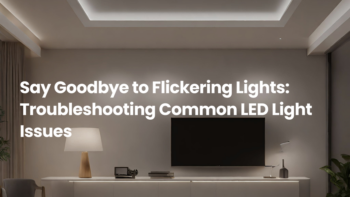 Modern minimalist living room with recessed LED ceiling lighting, table lamp, and TV console, illustrating common LED light issues like flickering and troubleshooting solutions.