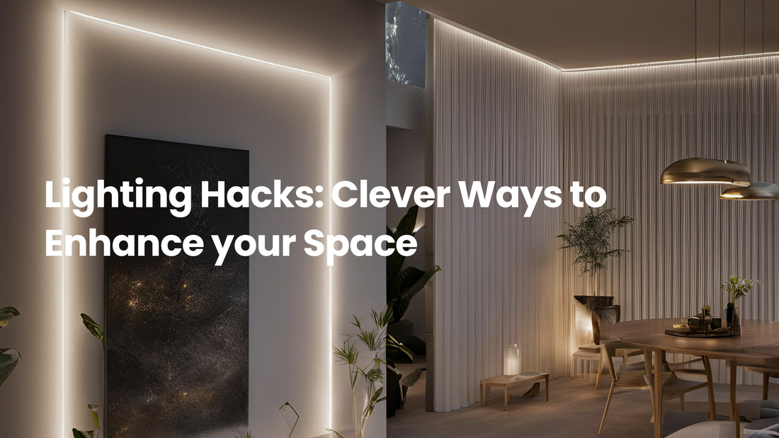 Modern interior with LED strip accent lighting, pendant lights, dining area, and warm ambient glow, showcasing clever lighting hacks to enhance a living space.