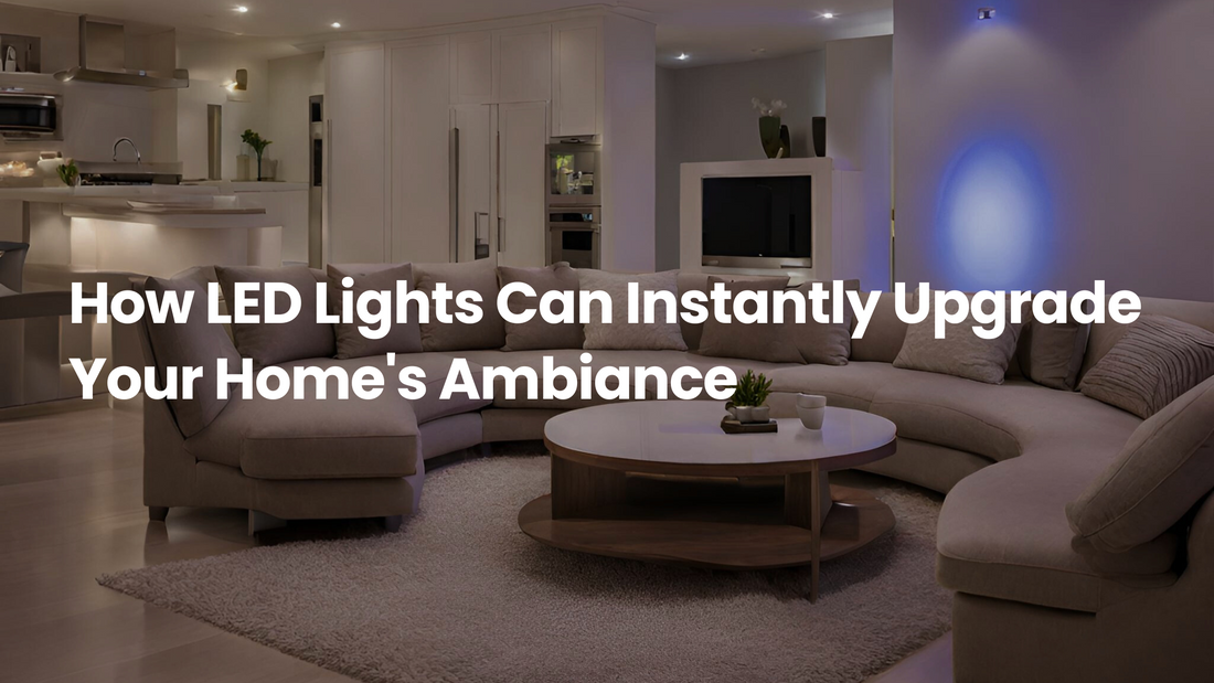 Modern open-concept living room with soft LED accent lighting, curved sectional sofa, and warm ambient glow, showing how LED lights can instantly upgrade a home’s ambiance.