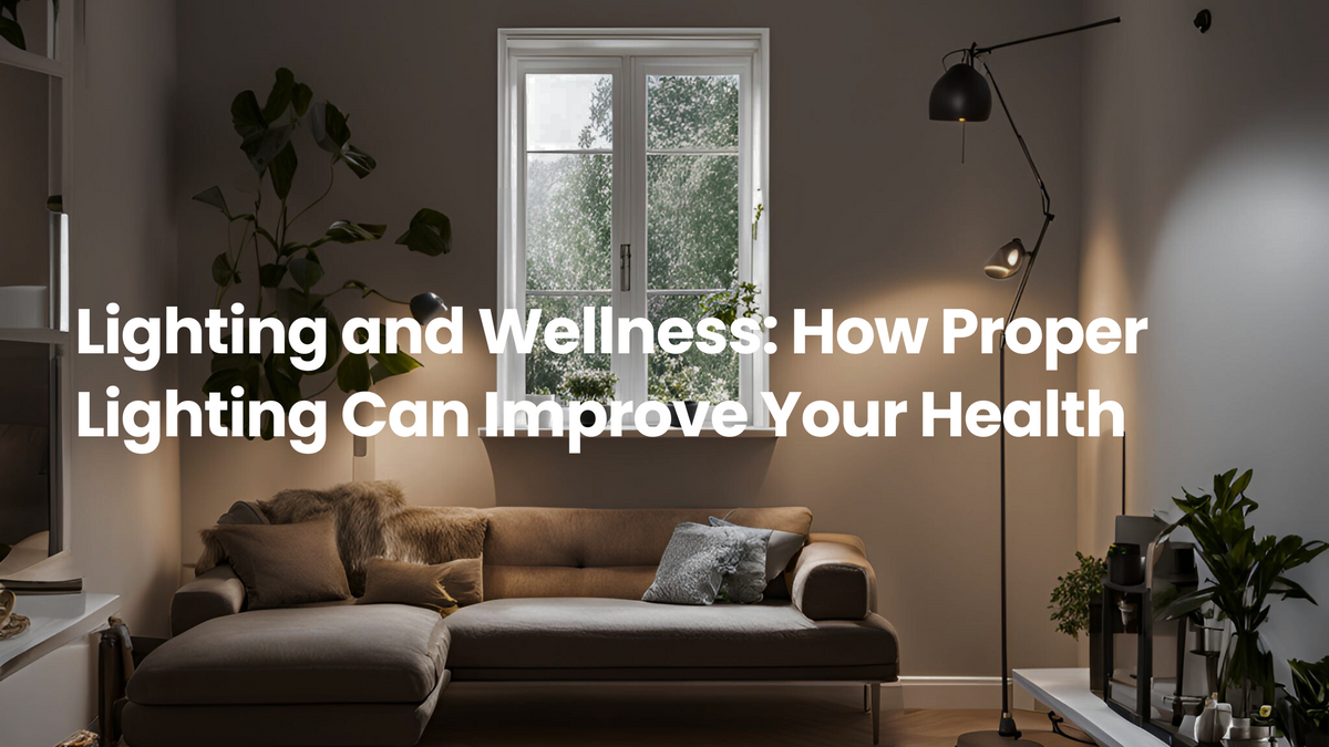 Cozy living room with soft ambient lighting, floor lamp, sofa, and large window, illustrating how proper lighting supports wellness, comfort, and a healthier home environment.