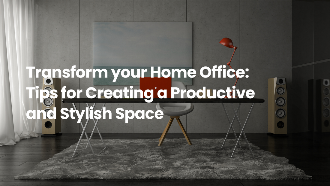 Modern home office with sleek desk, chair, red task lamp, speakers, and minimalist wall art, illustrating a stylish and productive workspace design.
