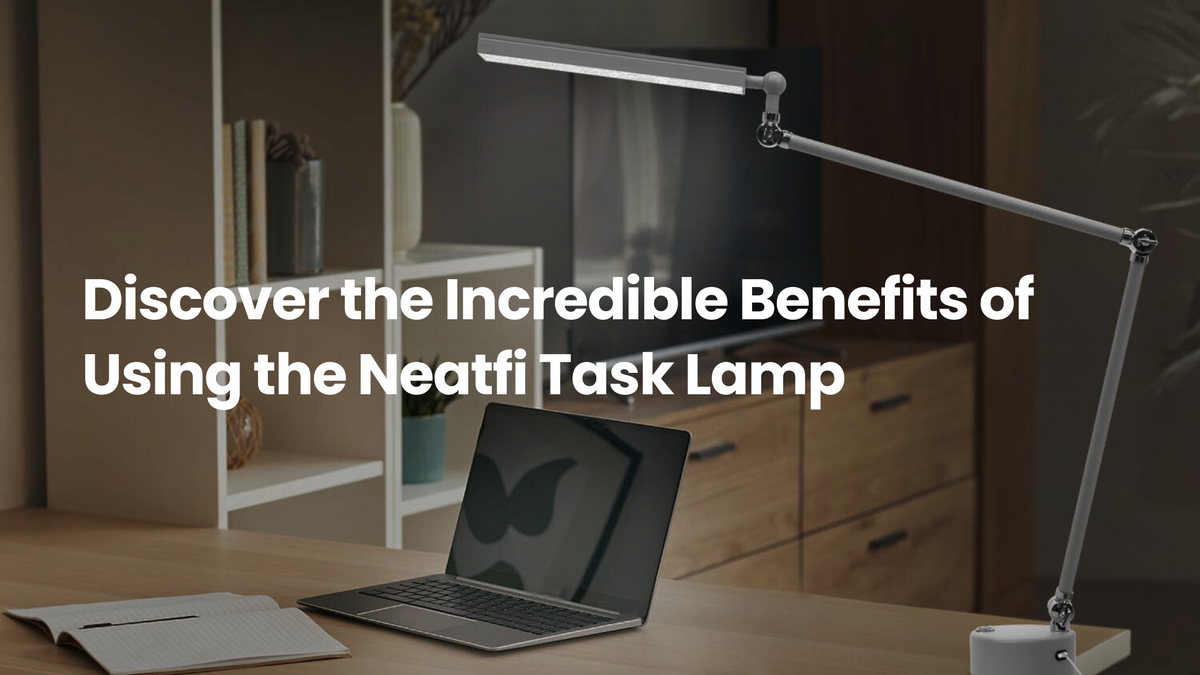 Neatfi task lamp illuminating a modern desk with laptop and notebook in a cozy home office, highlighting the practical benefits of focused task lighting.