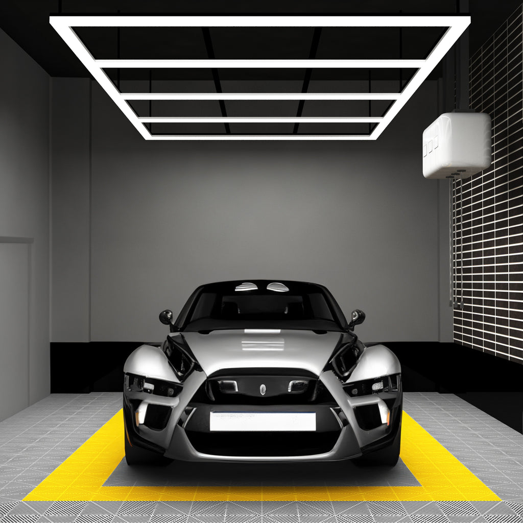 Lámpara de techo LED de 4 paneles - 31,680 lúmenes ultrabrillante para talleres automotrices, almacenes y gimnasios, blanco frío