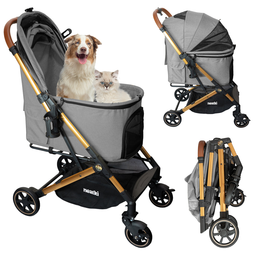Foldable Pet Stroller for Dogs and Cats, 33 lbs Capacity, 360° Swivel Front Wheels, One-Click Fold, Brake System, Leash &amp; Lock Clips, Removable Washable Padding, and Cup Holder (Gray)