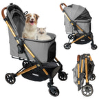 Foldable Pet Stroller for Dogs and Cats, 33 lbs Capacity, 360° Swivel Front Wheels, One-Click Fold, Brake System, Leash &amp; Lock Clips, Removable Washable Padding, and Cup Holder (Gray)