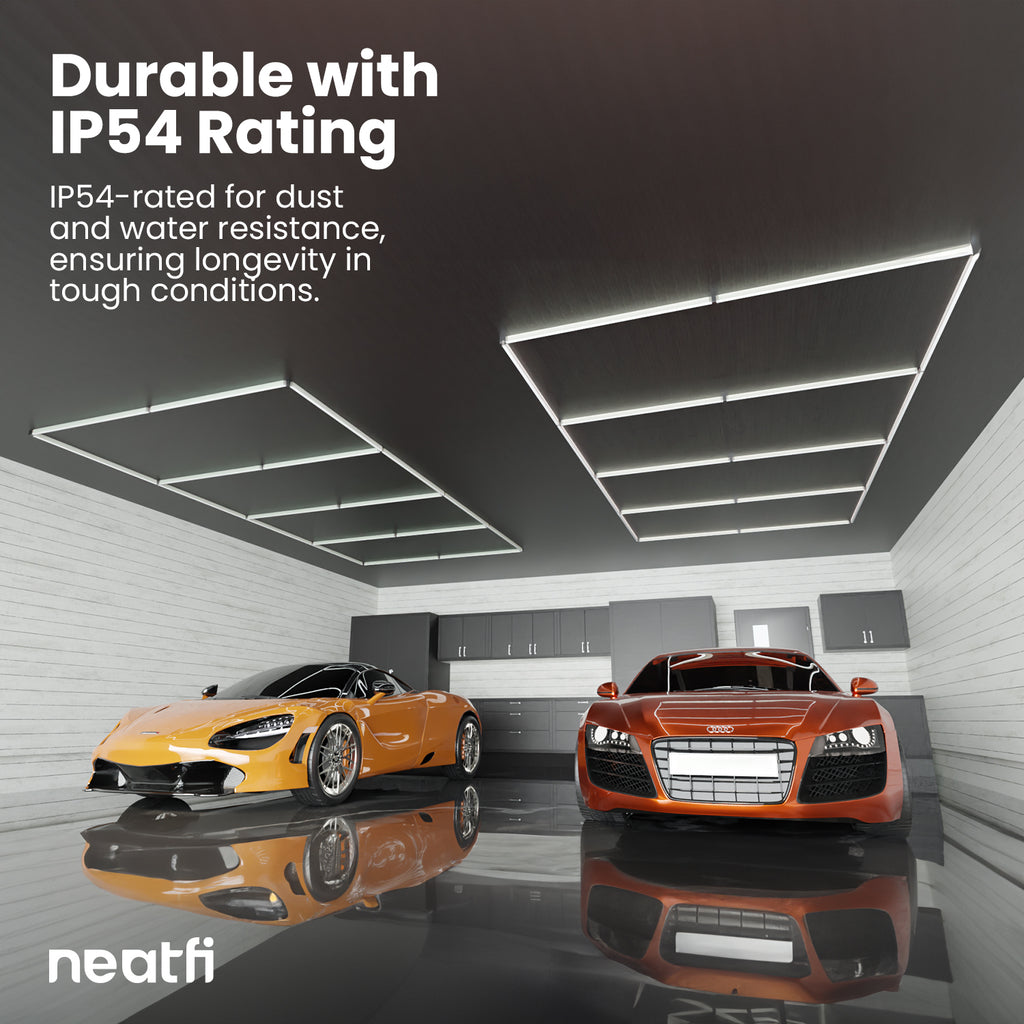 Lámpara de techo LED de 4 paneles - 31,680 lúmenes ultrabrillante para talleres automotrices, almacenes y gimnasios, blanco frío