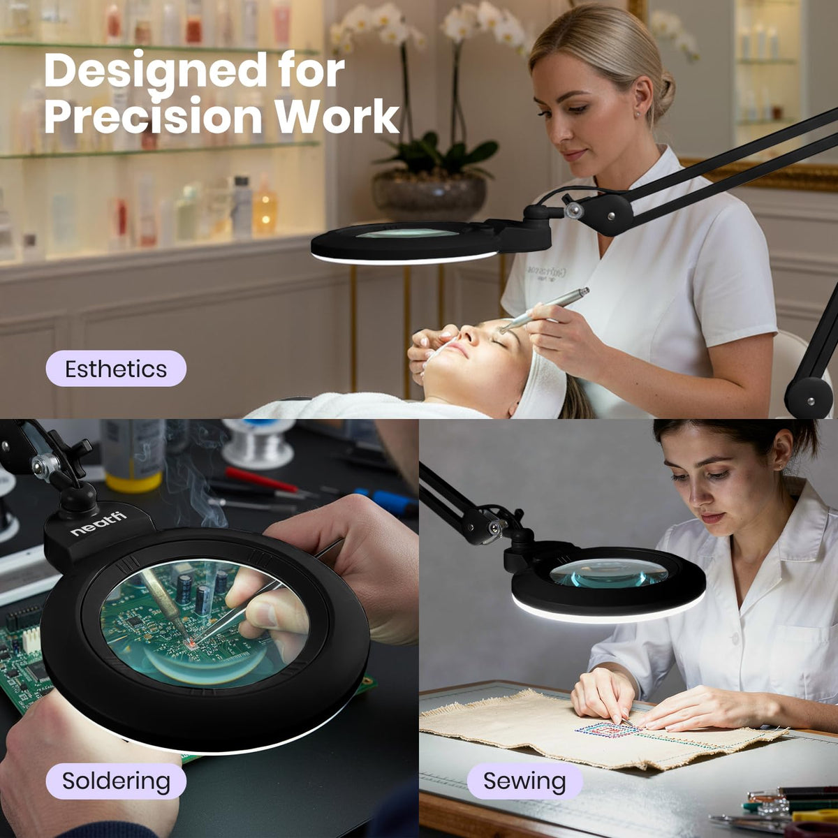 7" Acrylic Lens Pro LED Magnifying Lamp – 5D/20D, CRI 95, Dimmable, Black