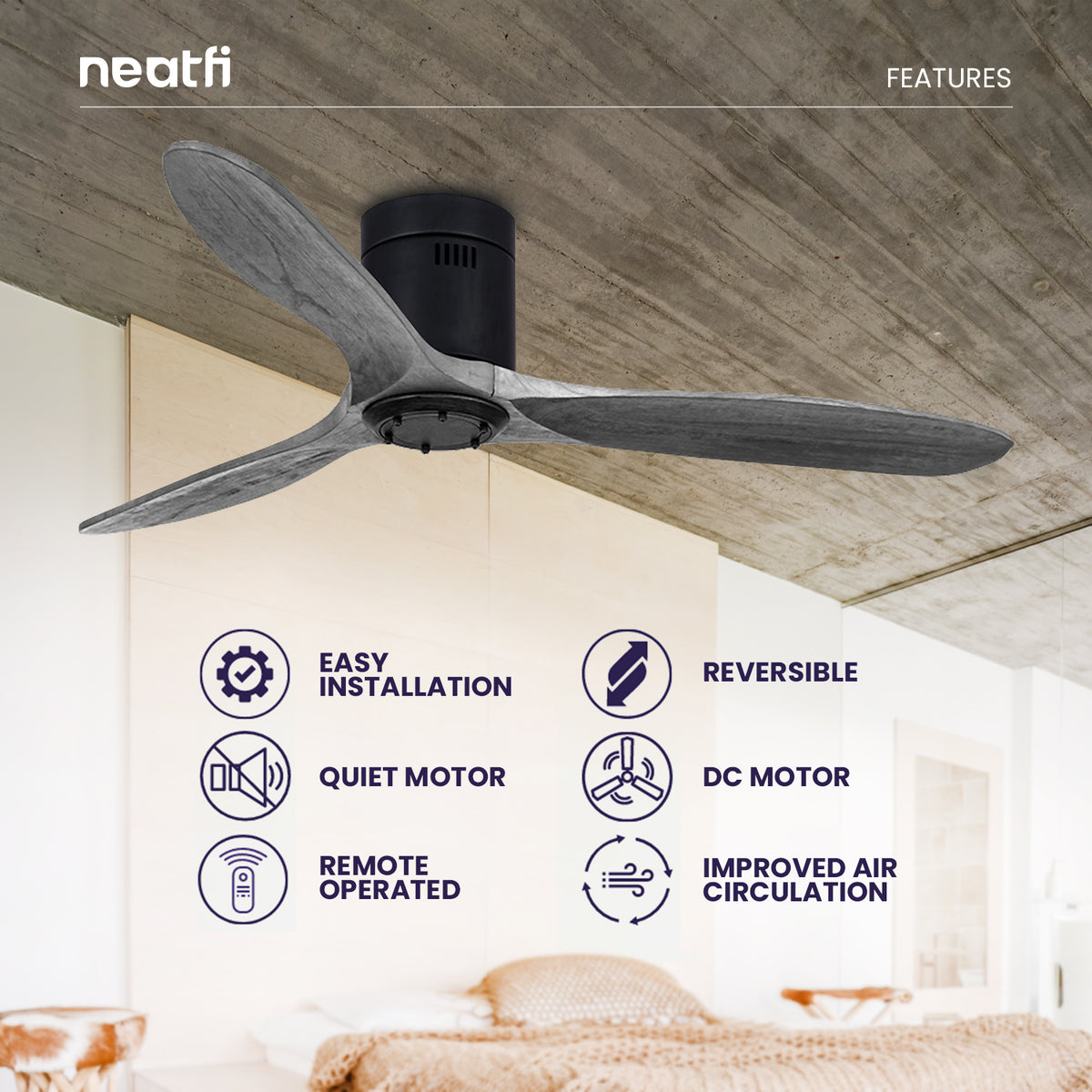 52-inch Solid Ceiling Fan with Remote Control, 3 Solid Wood Blades, Flush Mount - Dark Gray