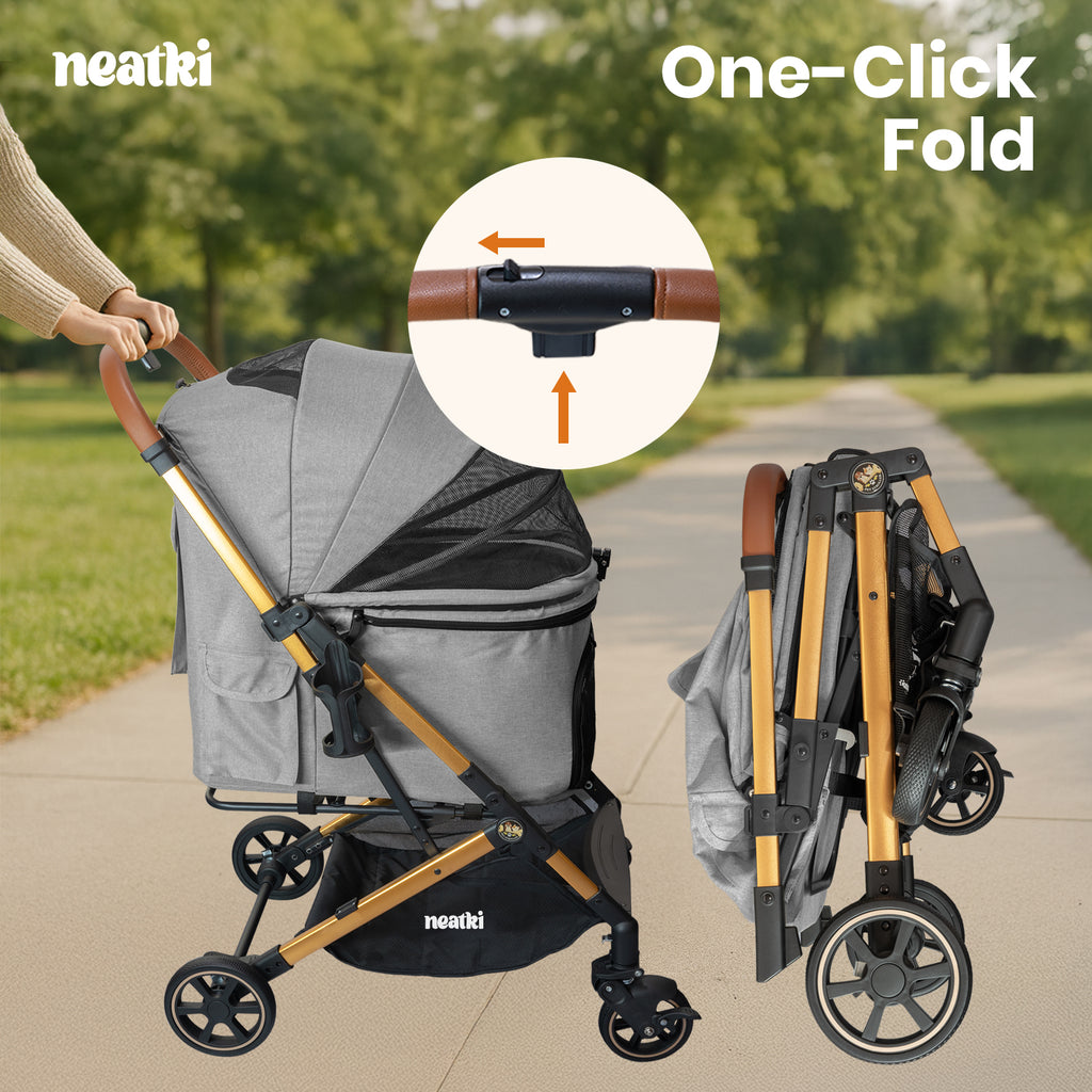 Foldable Pet Stroller for Dogs and Cats, 33 lbs Capacity, 360° Swivel Front Wheels, One-Click Fold, Brake System, Leash &amp; Lock Clips, Removable Washable Padding, and Cup Holder (Gray)