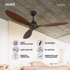 52-inch Low Profile Ceiling Fan Without Light – 3 Solid Wood Blades, Downrod Mount, Dark Wood