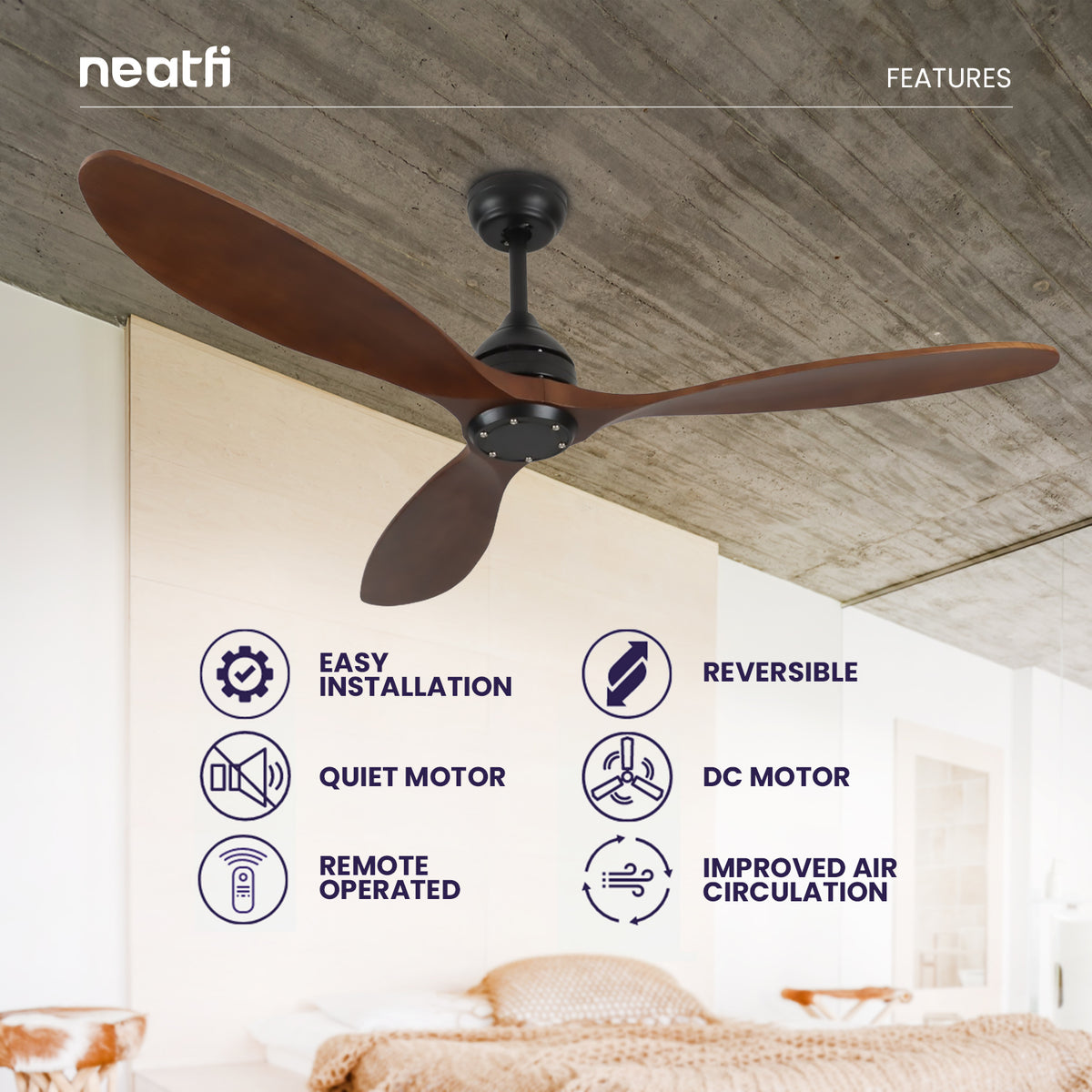 52-inch Low Profile Ceiling Fan Without Light – 3 Solid Wood Blades, Downrod Mount, Dark Wood