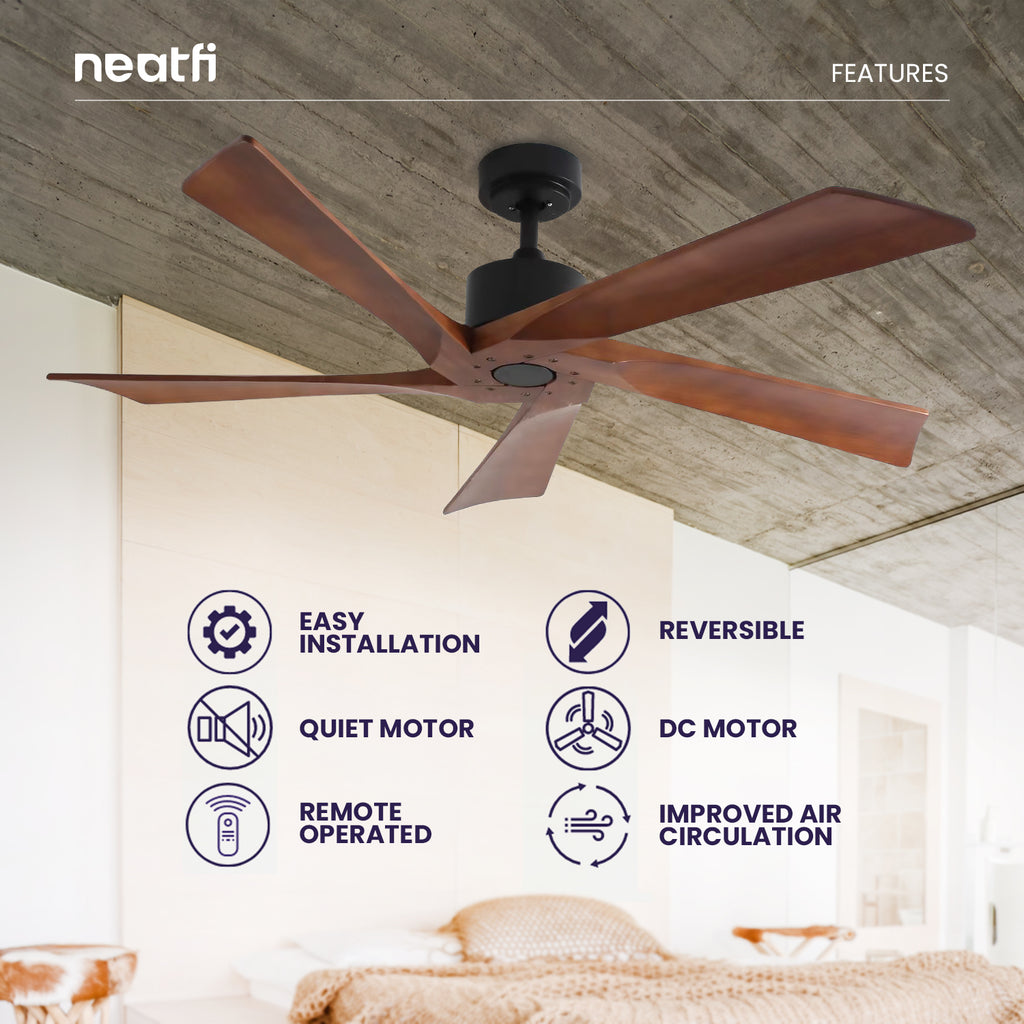 54-inch Industrial Ceiling Fan – 5 Solid Wood Blades, 180 RPM, Downrod, Dark Wood