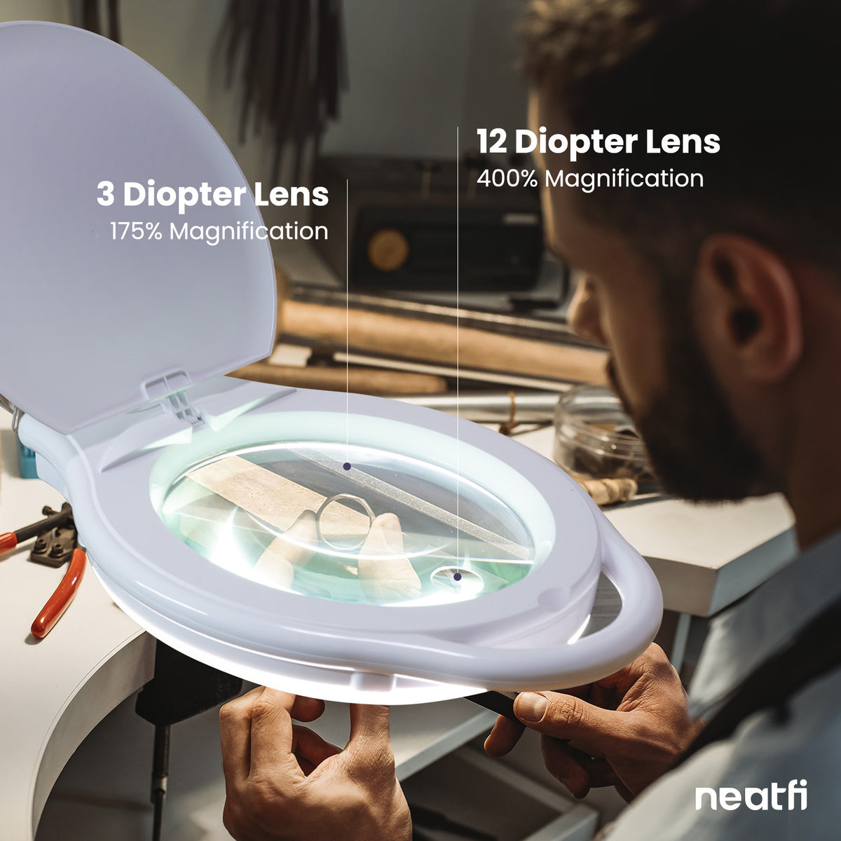 7" Wide Glass Lens Elite LED Magnifying Lamp with Clamp, 3 Diopter & 12 Diopter, 3 Light Modes - White