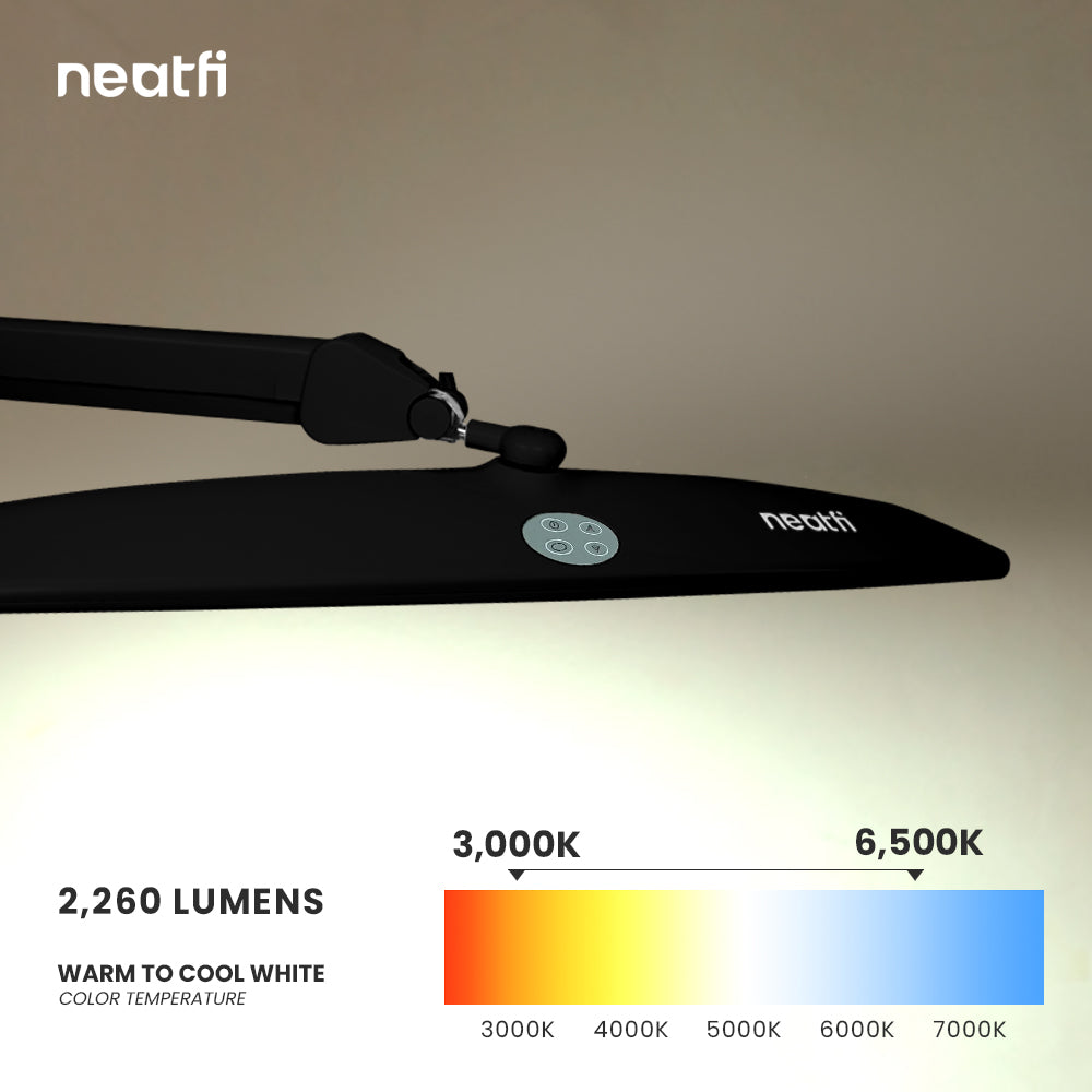 2260 Lumens Elite Task Lamp with Clamp – 22" Wide, 3 Color Modes for Nails & Crafts, Black