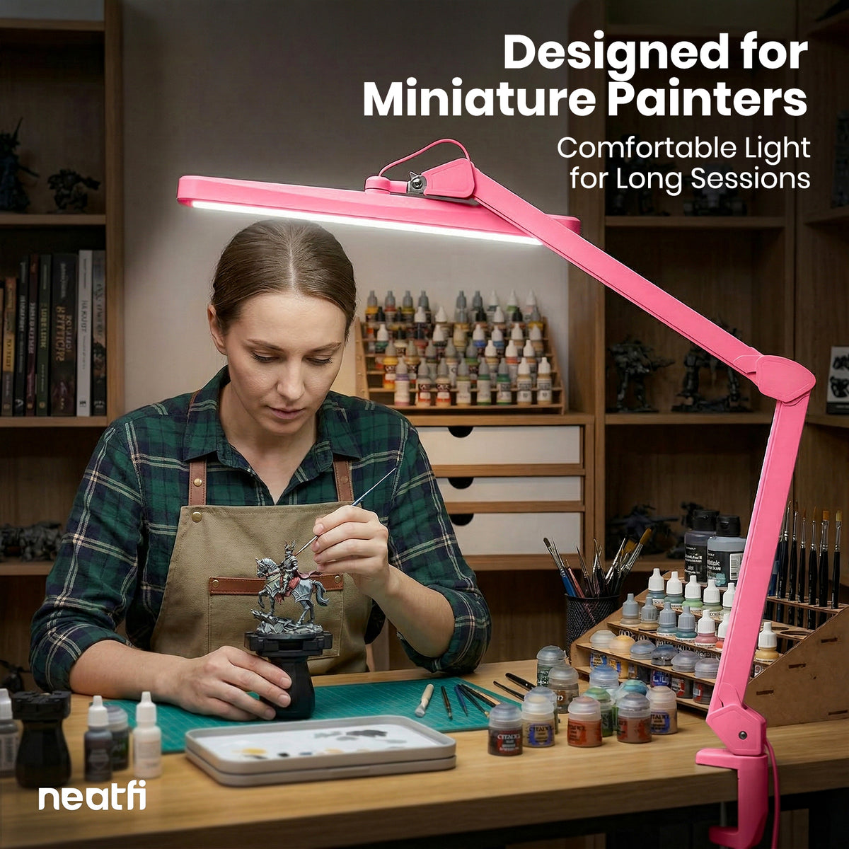 22” Wide Shade LED Desk Lamp with Clamp – 2500 Lumens Task Light for Workbench & Crafts, Pink