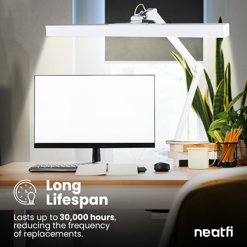 3000 Lumens Flex Desk Lamp with Clamp, Metal Arm – 28" Wide, 5 Light Modes, Dimmable Light, White