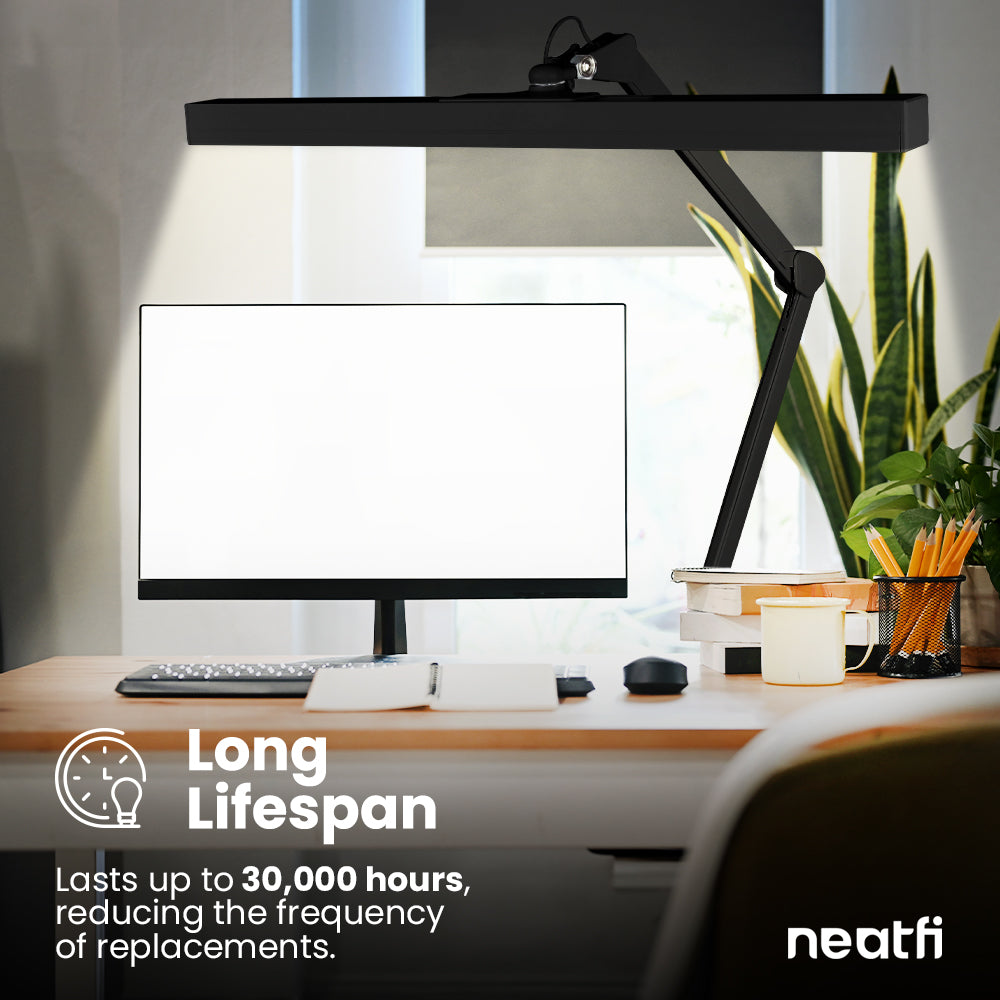 3000 Lumens Flex Desk Lamp with Clamp, Metal Arm – 28" Wide, 5 Light Modes, Dimmable Light, Black
