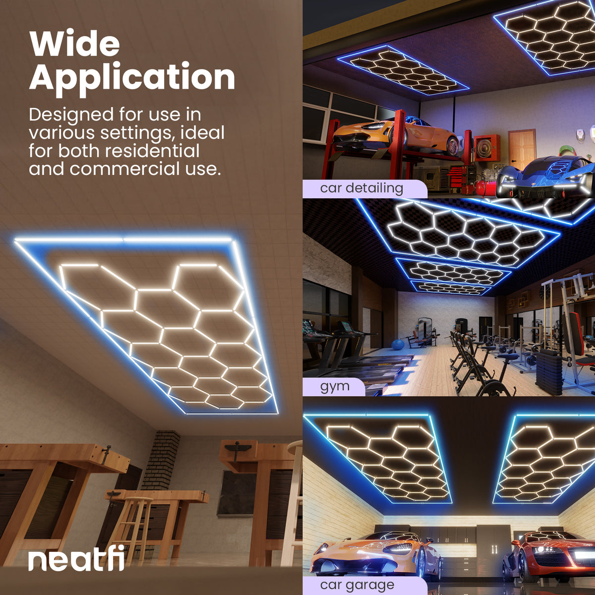 69,600 Lumens Ultra-Bright 15 Hex Grids LED Ceiling Light for Auto Shops, Salons & Gyms, Blue