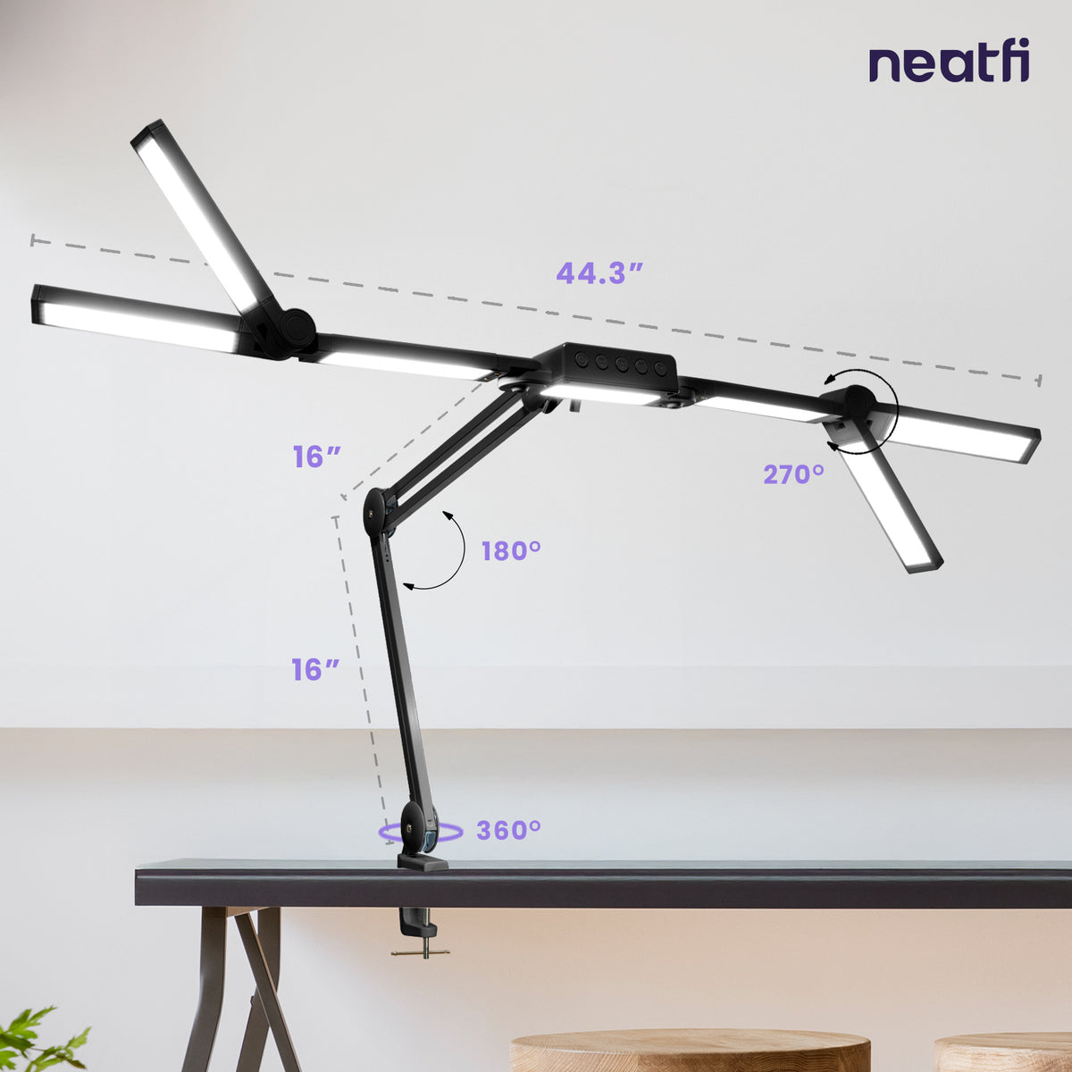 44" Pro LED Desk Lamp with Clamp – 3000 Lumens, CRI 95, Dimmable, 3 Color Modes, Black