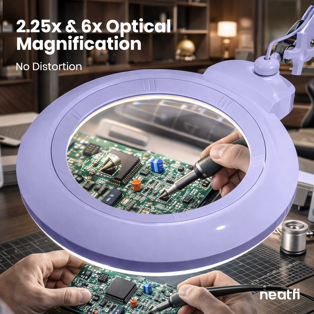 7” Wide Acrylic Lens LED Magnifying Lamp with Clamp – 1600 Lumens, Dimmable for Close Works, Lavender
