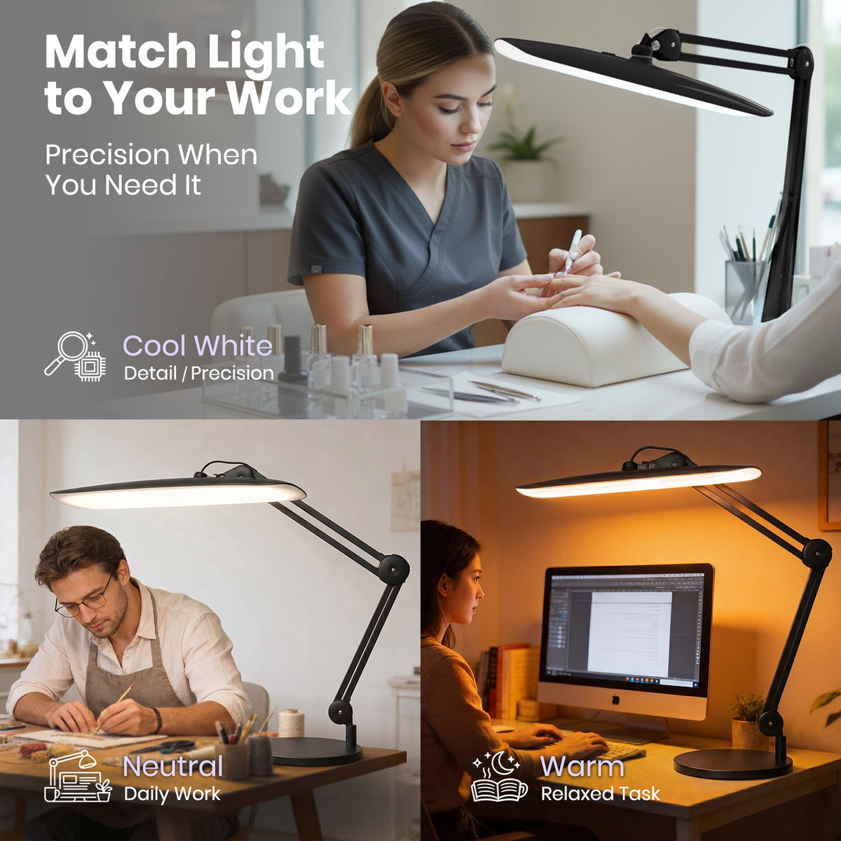 2200 Lumens LED Desk Lamp with Base – 20” Wide Shade, 3 Light Modes, Dimmable Task Light, Black