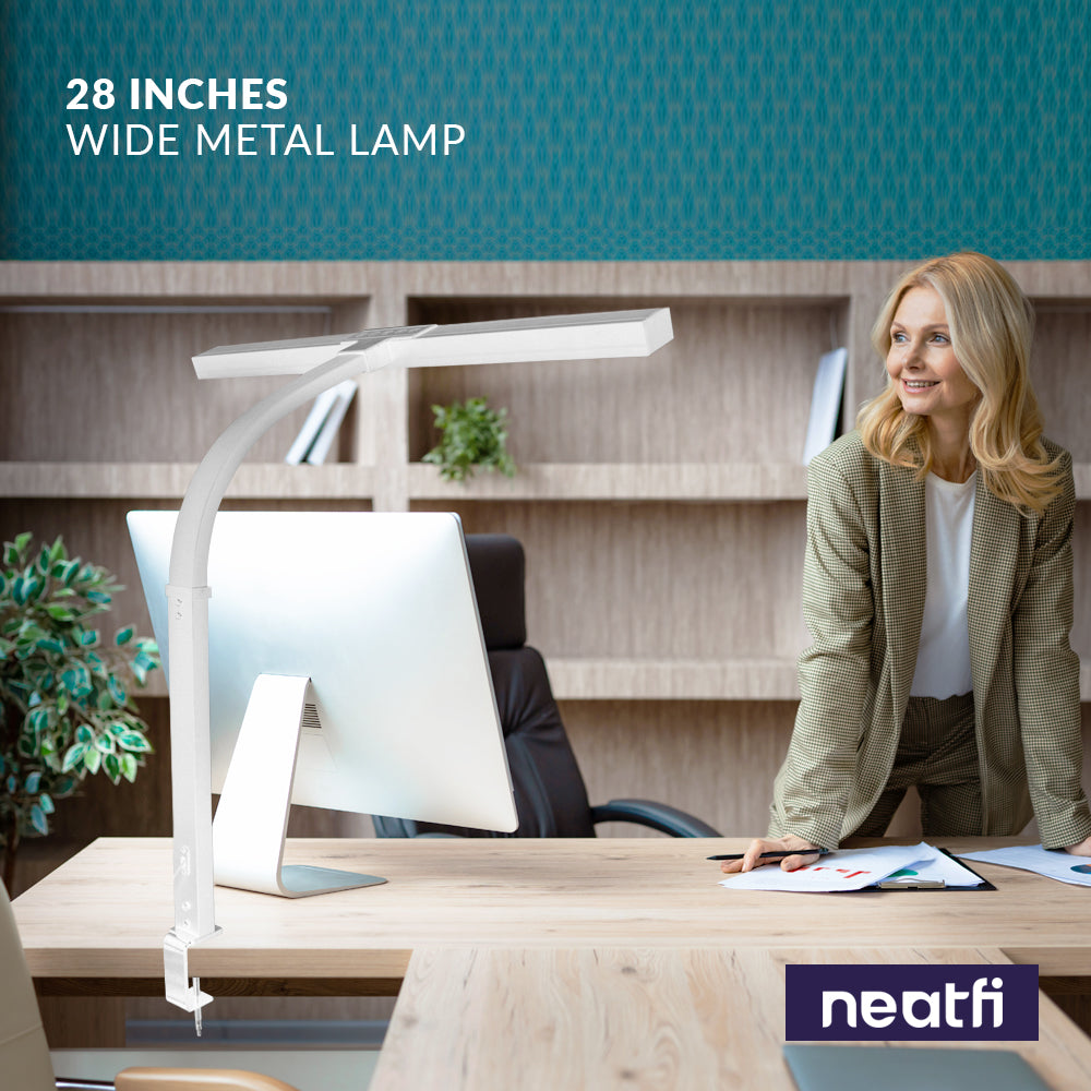 3000 Lumens Desk Lamp with Clamp – 28” Wide Shade, 5 Light Modes, Dimmable Monitor Light, White