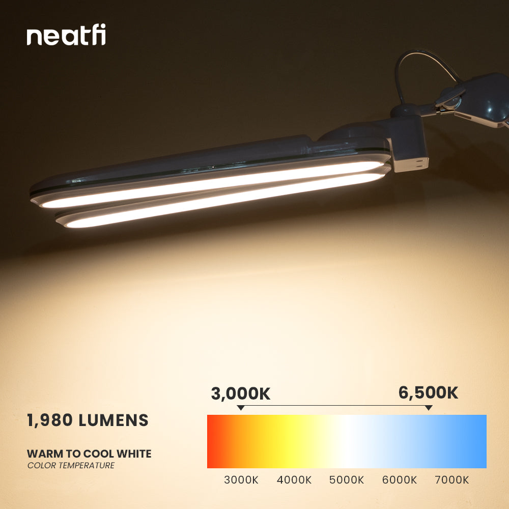 17” Wide Shade Elite LED Desk Lamp with Clamp – 3 Light Modes, Non-Polar Dimming, Green Ring