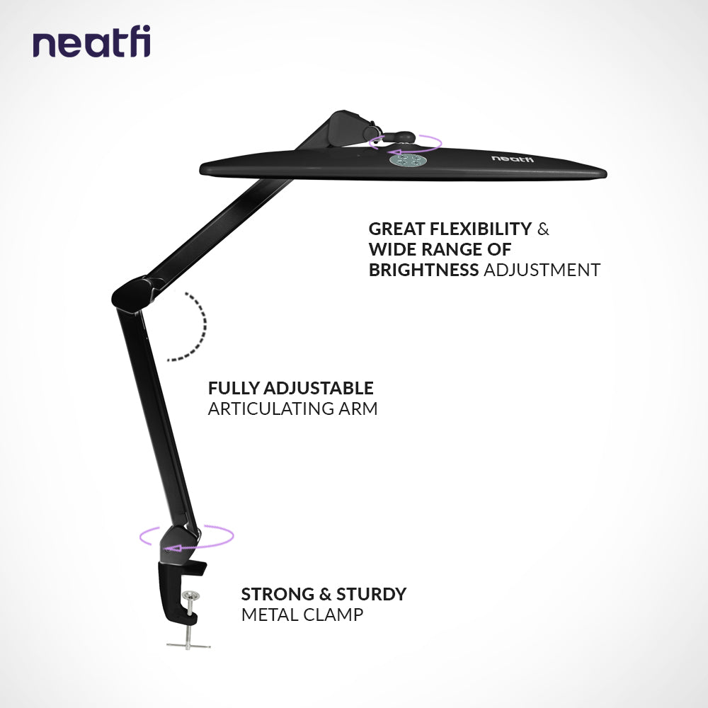 2260 Lumens Elite Task Lamp with Clamp – 22" Wide, 3 Color Modes for Nails & Crafts, Black