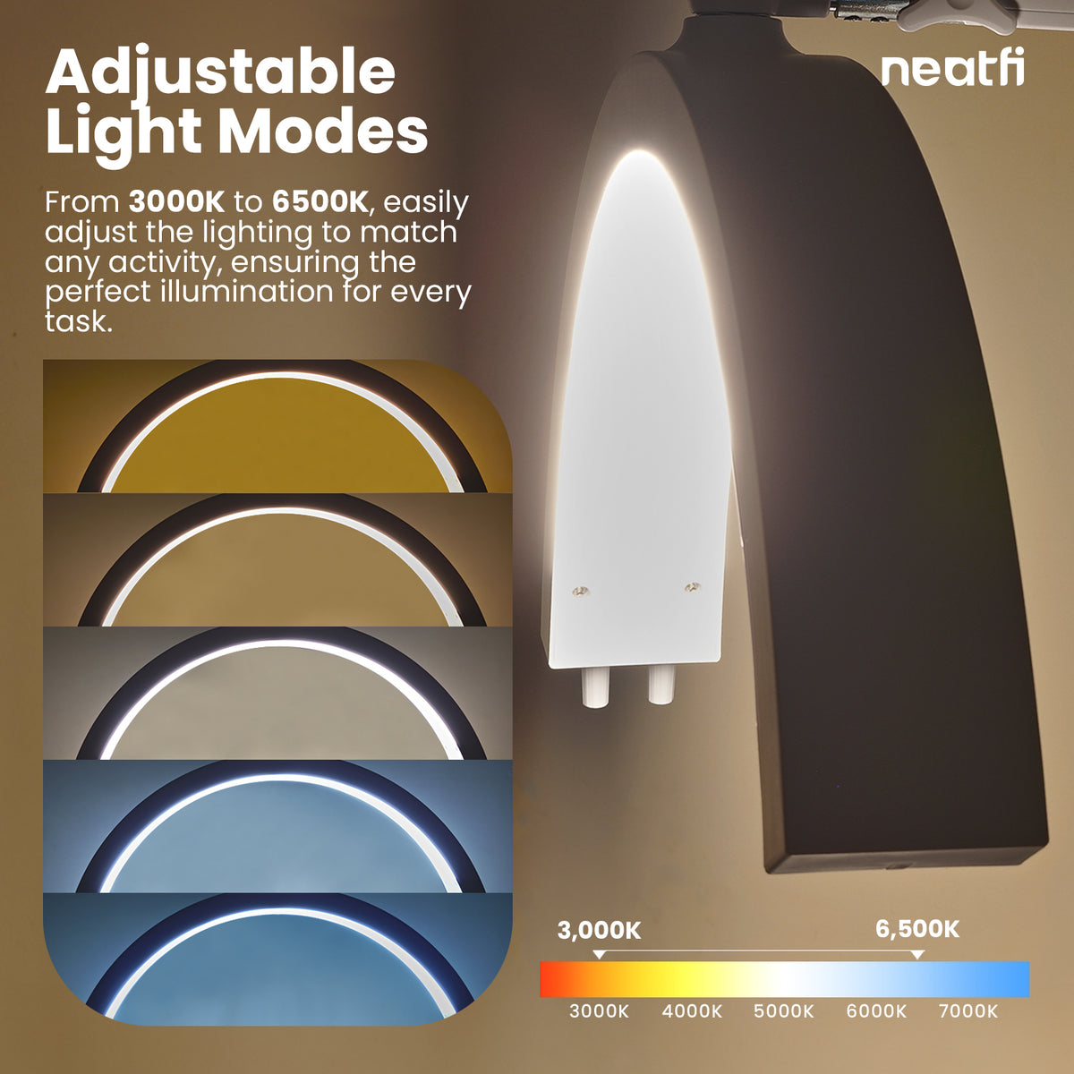 Lámpara de mesa LED de media luna con abrazadera – 2500 lúmenes, 5 modos de luz para decoración de uñas y tratamientos faciales, blanco