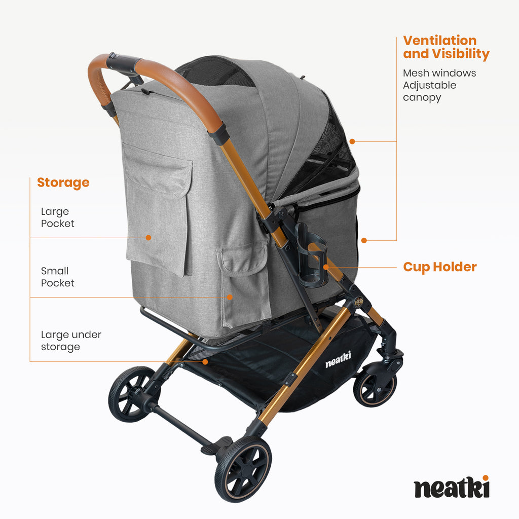 Foldable Pet Stroller for Dogs and Cats, 33 lbs Capacity, 360° Swivel Front Wheels, One-Click Fold, Brake System, Leash &amp; Lock Clips, Removable Washable Padding, and Cup Holder (Gray)