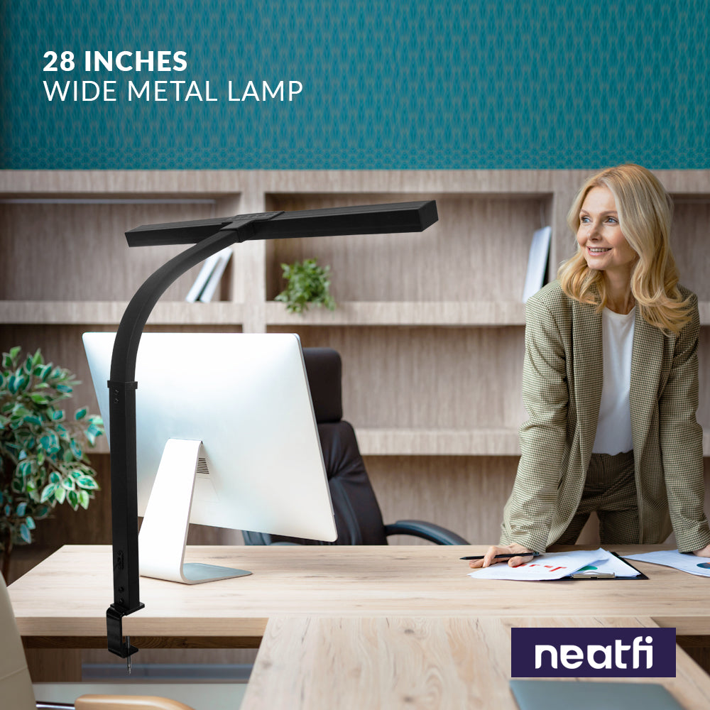 3000 Lumens Desk Lamp with Clamp – 28” Wide Shade, 5 Light Modes, Dimmable Monitor Light, Black