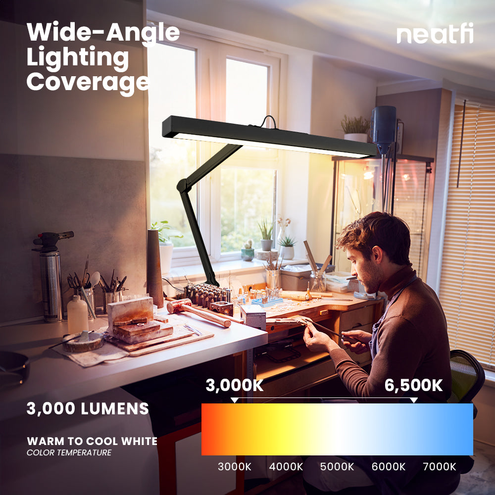 3000 Lumens Flex Desk Lamp with Clamp, Metal Arm – 28" Wide, 5 Light Modes, Dimmable Light, Black