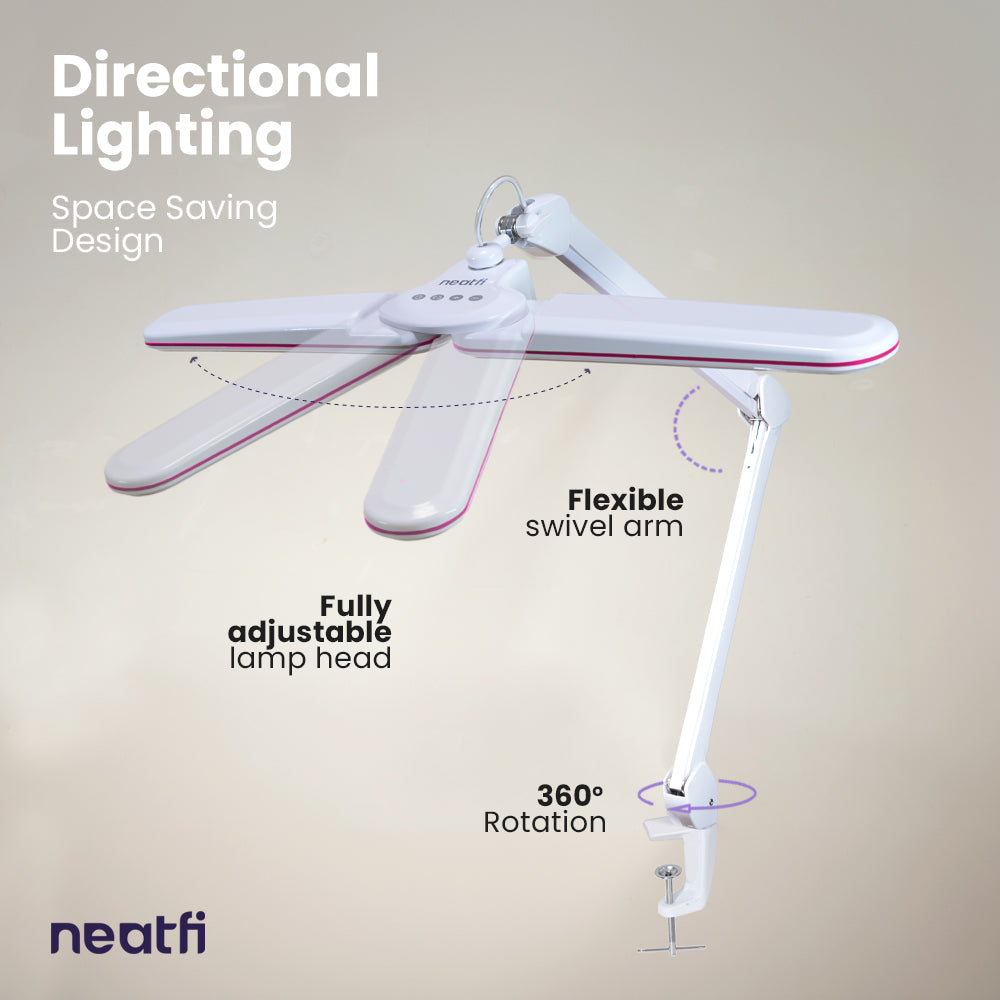 17” Wide Shade Elite LED Desk Lamp with Clamp – 3 Light Modes, Non-Polar Dimming, Pink Ring