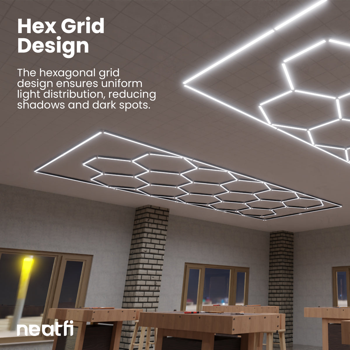 15 Hex Grid LED Car Garage Light – 60,720 Lumens, Adjustable Color Modes, Auto Shops & Gyms
