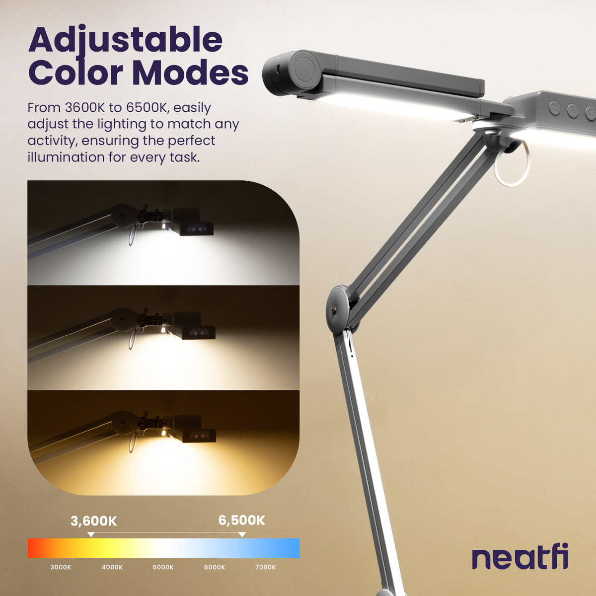 44" Pro LED Desk Lamp with Clamp – 3000 Lumens, CRI 95, Dimmable, 3 Color Modes, Silver