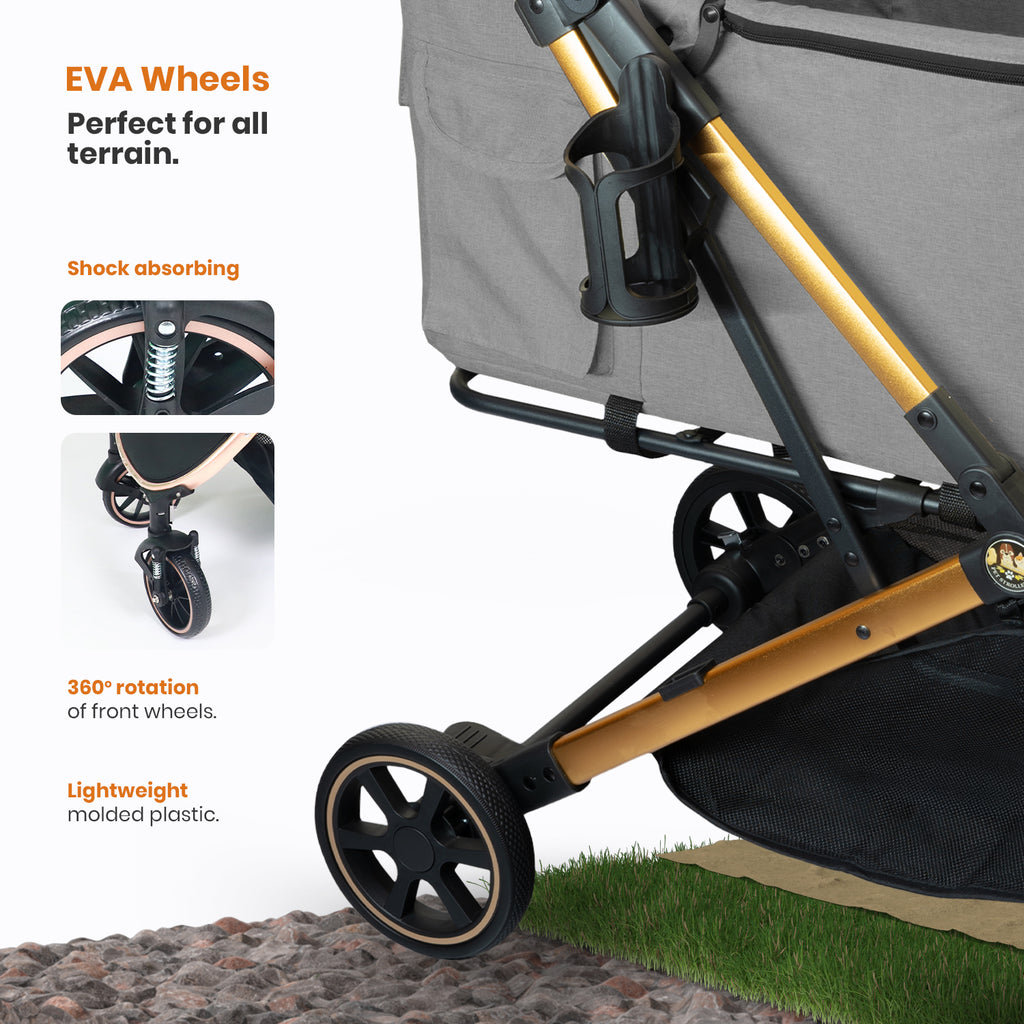 Foldable Pet Stroller for Dogs and Cats, 33 lbs Capacity, 360° Swivel Front Wheels, One-Click Fold, Brake System, Leash &amp; Lock Clips, Removable Washable Padding, and Cup Holder (Gray)