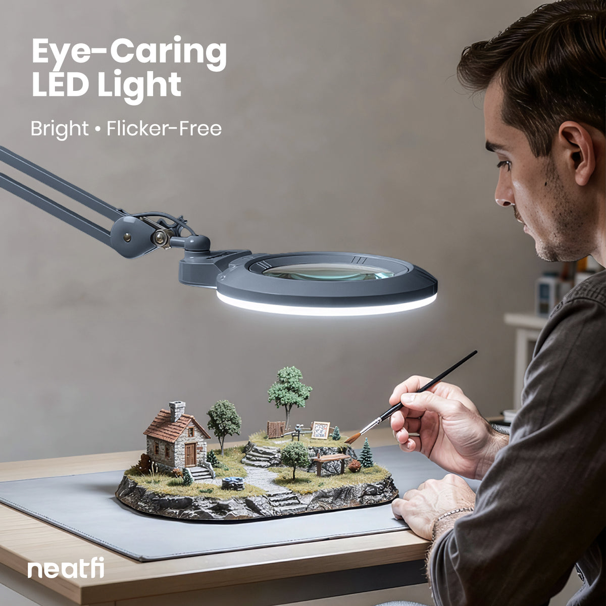 7” Wide Acrylic Lens LED Magnifying Lamp with Clamp – 1600 Lumens, Dimmable for Close Works, Gray