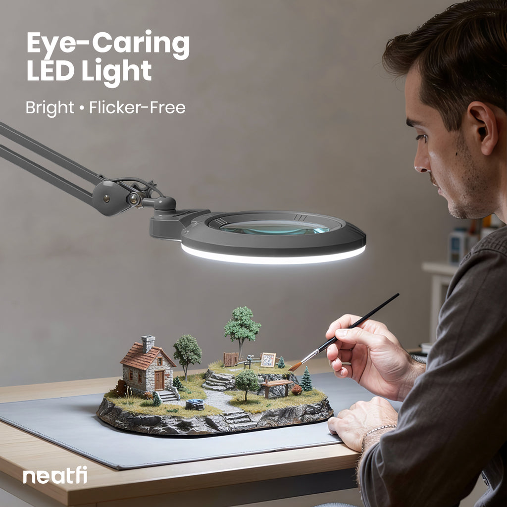 7” Wide Acrylic Lens LED Magnifying Lamp with Clamp – 1600 Lumens, Dimmable for Close Works, Silver