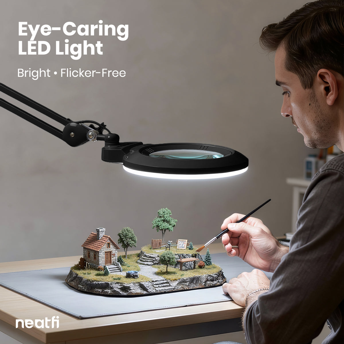 7” Wide Acrylic Lens LED Magnifying Lamp with Clamp – 1600 Lumens, Dimmable for Close Works, Black