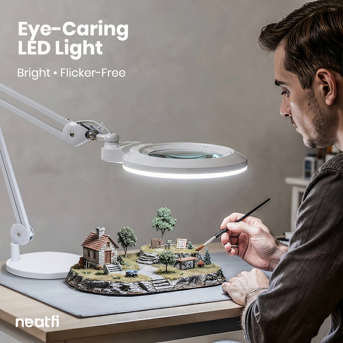 7” Wide Acrylic Lens LED Magnifying Lamp with Base – 1600 Lumens, Dimmable for Close Works, White