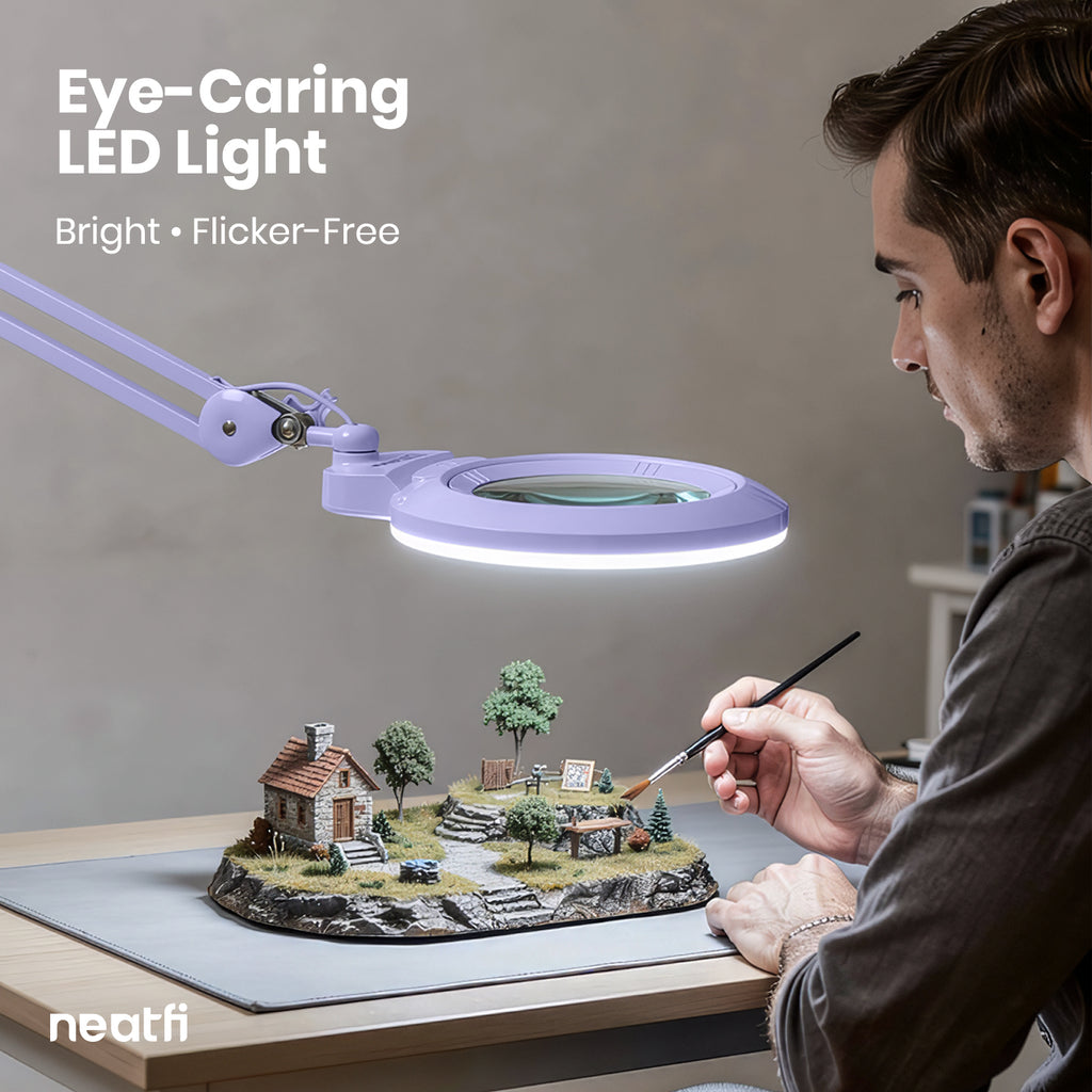 7” Wide Acrylic Lens LED Magnifying Lamp with Clamp – 1600 Lumens, Dimmable for Close Works, Lavender